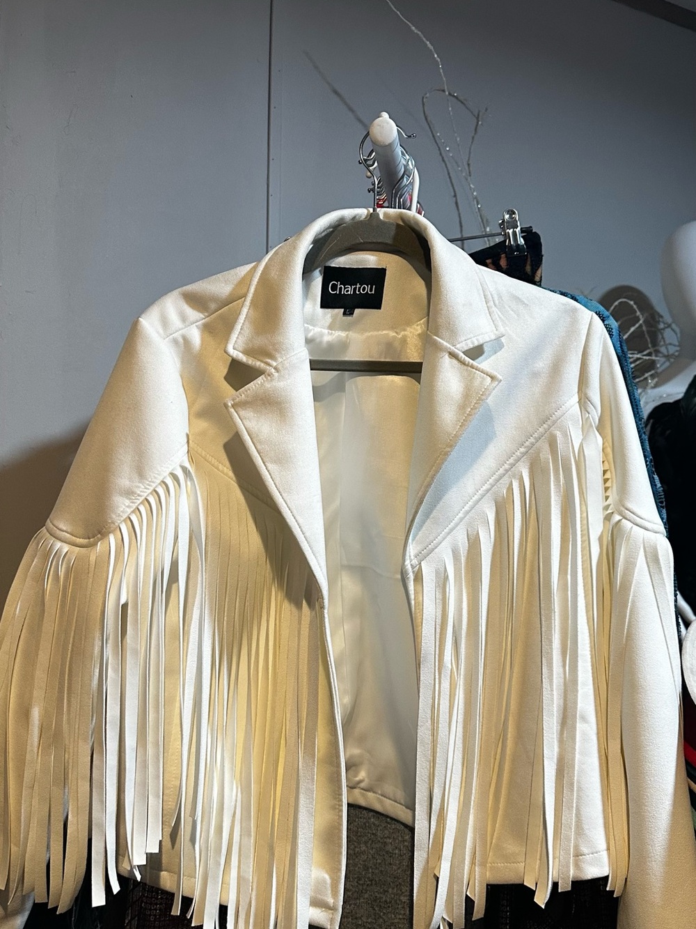 Cream Fringe engraved Jacket with Turquoise Studs and Blue Sunflower Detail - Picture 2 of 6